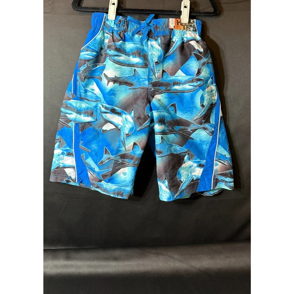 Hang Ten Boys XL18/20 Shark Print Swim Trunks Blue Board Shorts Mesh Lined Cargo